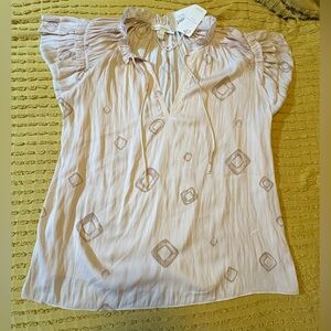 Chic Beige Patterned Blouse with Ruffle Sleeves